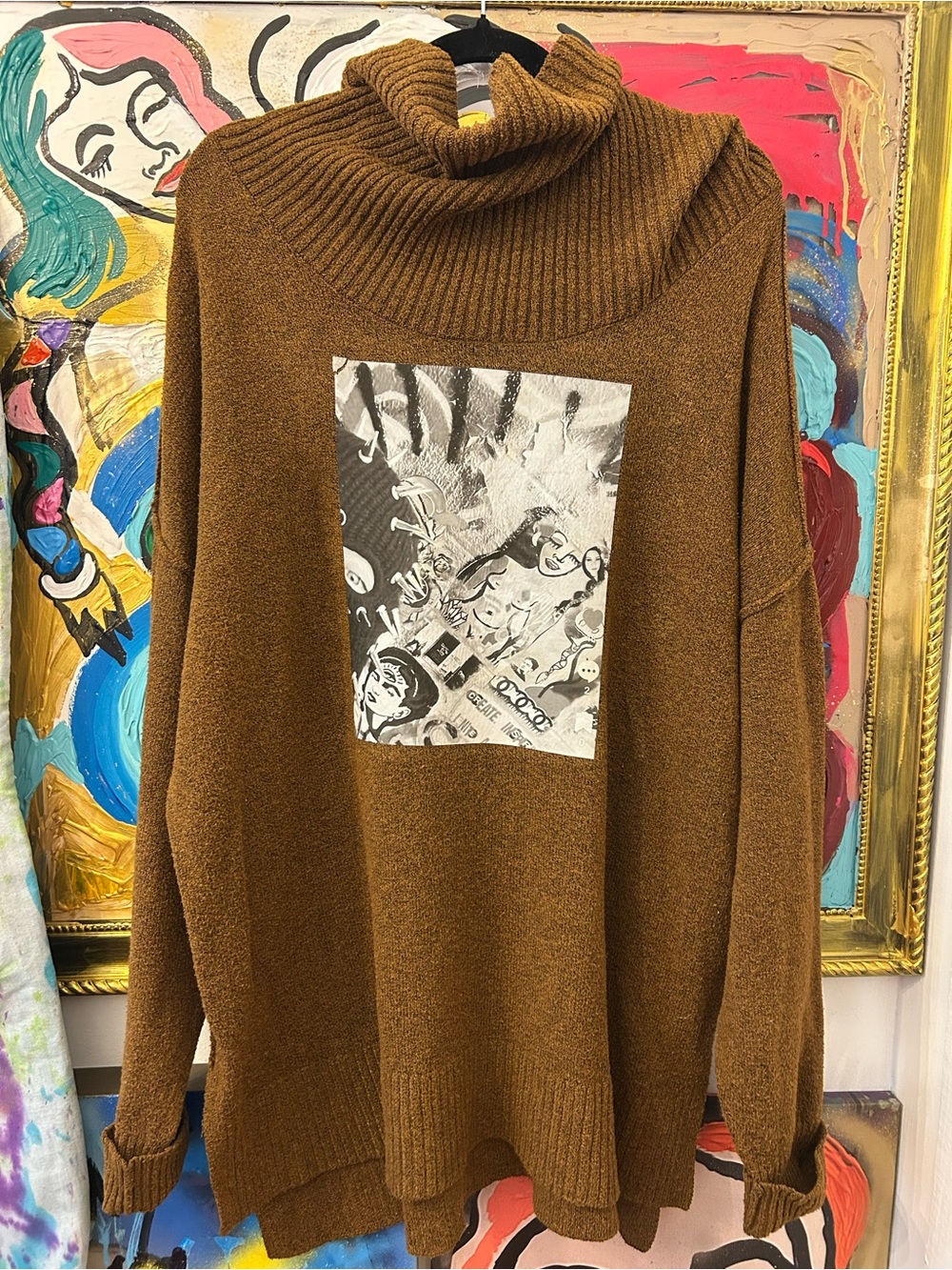Graffiti Bomber Brown Turtleneck Sweater with Monochrome Graphic Patch